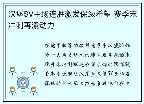 汉堡SV主场连胜激发保级希望 赛季末冲刺再添动力