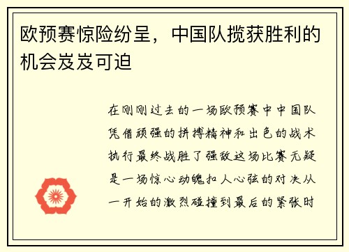 欧预赛惊险纷呈，中国队揽获胜利的机会岌岌可迫