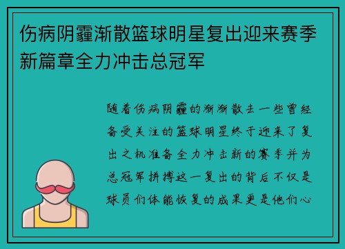 伤病阴霾渐散篮球明星复出迎来赛季新篇章全力冲击总冠军