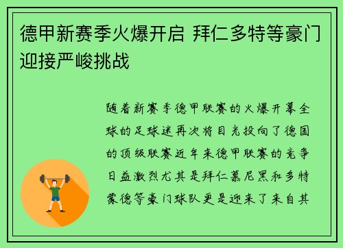 德甲新赛季火爆开启 拜仁多特等豪门迎接严峻挑战