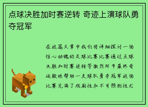点球决胜加时赛逆转 奇迹上演球队勇夺冠军