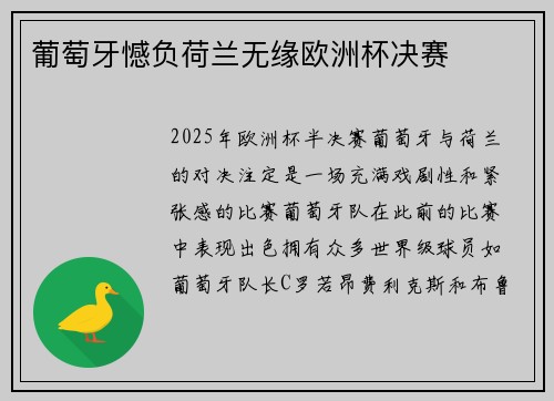 葡萄牙憾负荷兰无缘欧洲杯决赛